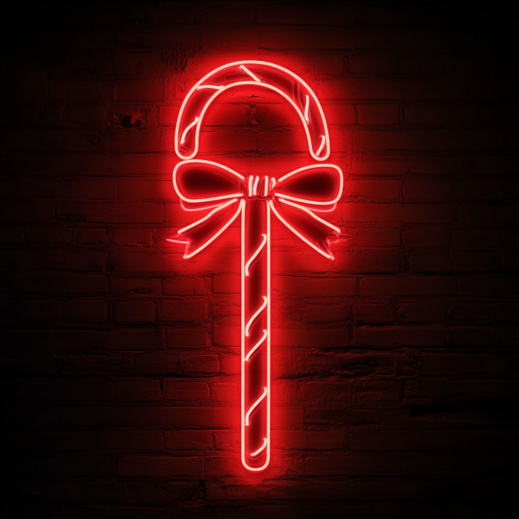 Candy Cane with Bow - Red Neon Sign, 18 Inches