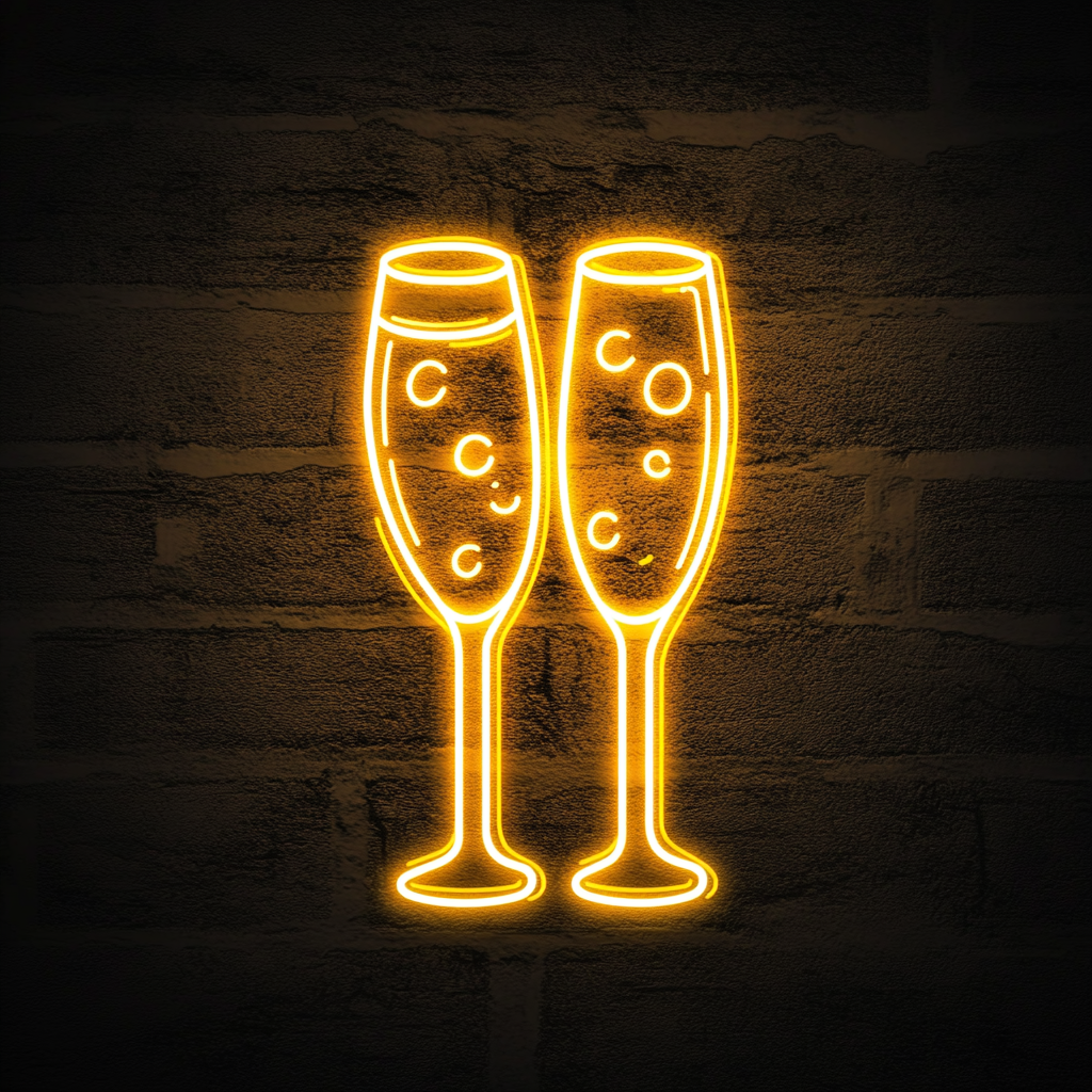 Champagne Flutes with Bubbles - Yellow Neon Sign, 18 Inches