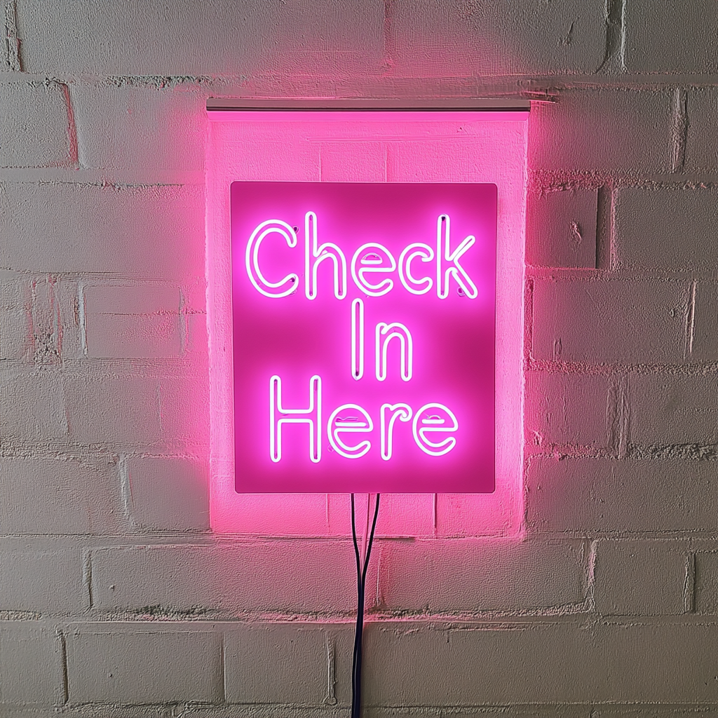 Check In Here - Pink Neon Sign, 18 Inches