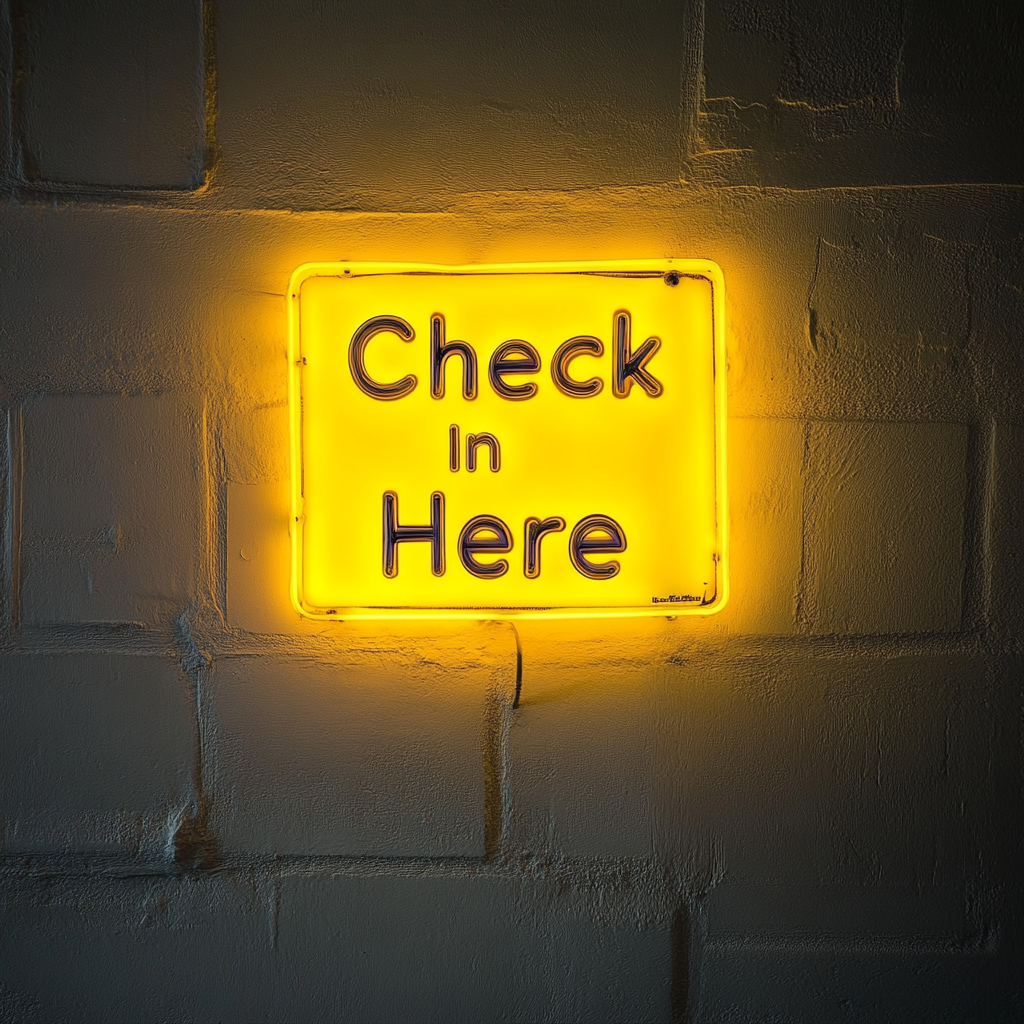 Check In Here - Yellow Neon Sign, 18 Inches
