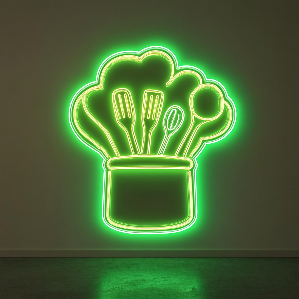 Chef's Hat with Utensils - Green Neon Sign, 18 Inches