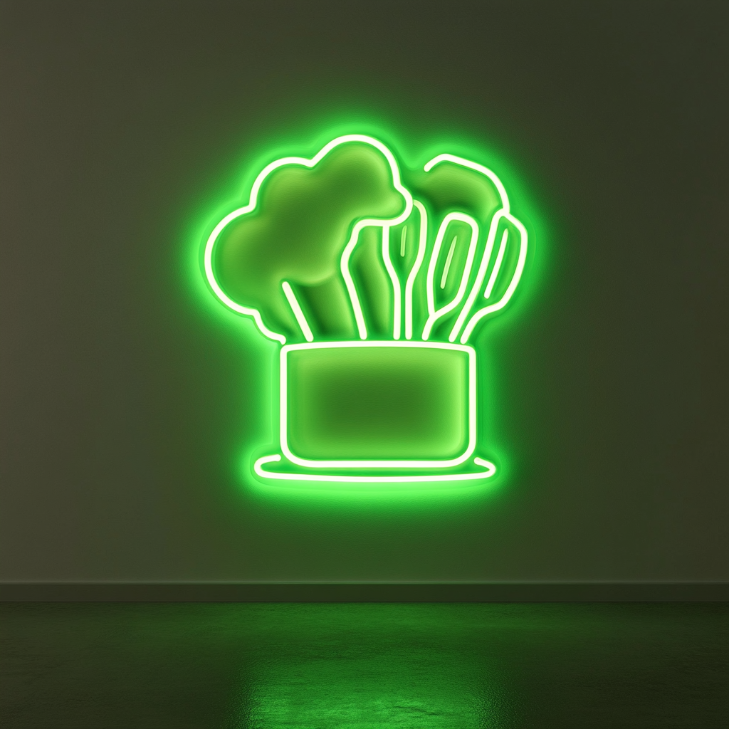 Chef's Hat with Utensils - Green Neon Sign, 18 Inches