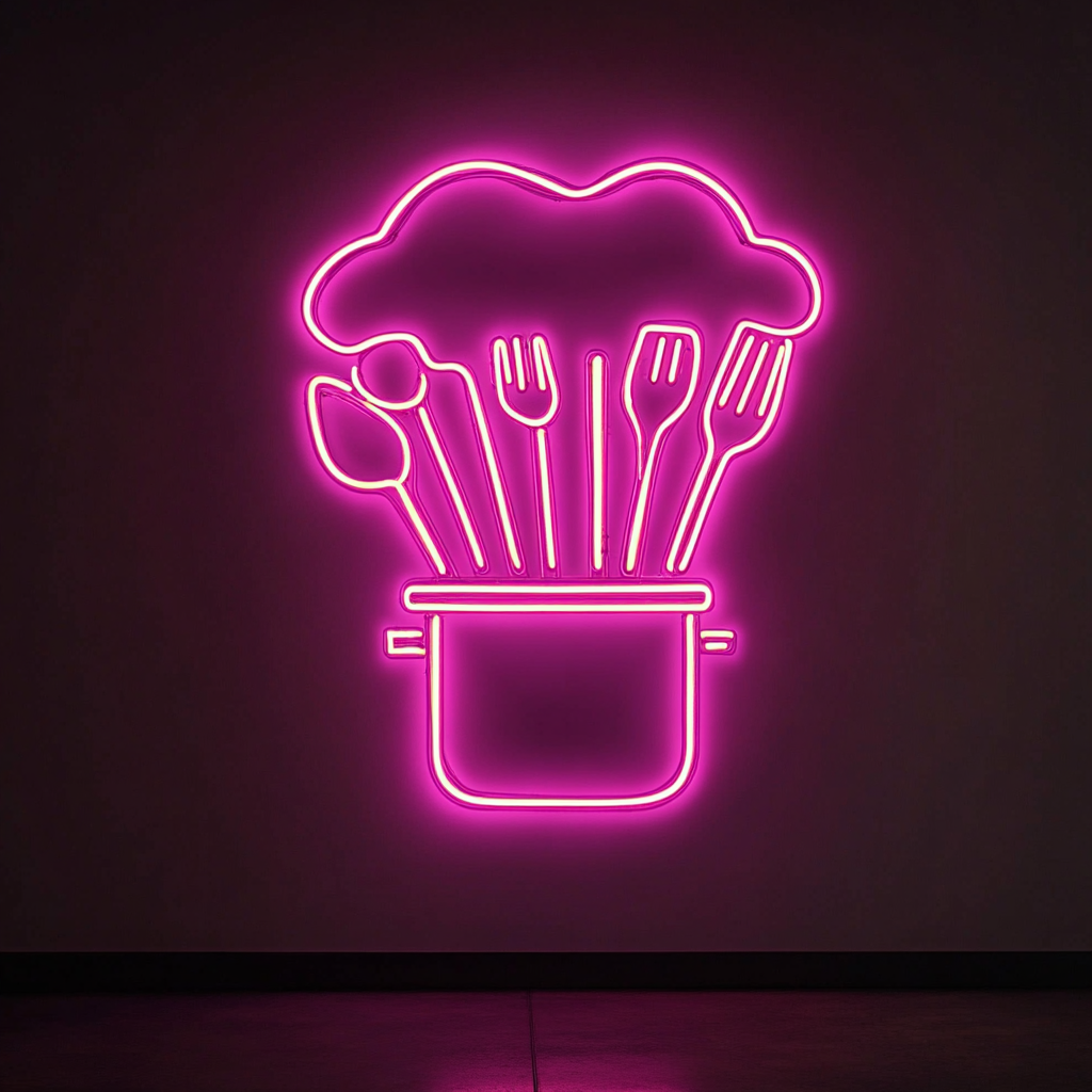 Chef's Hat with Utensils - Pink Neon Sign, 18 Inches