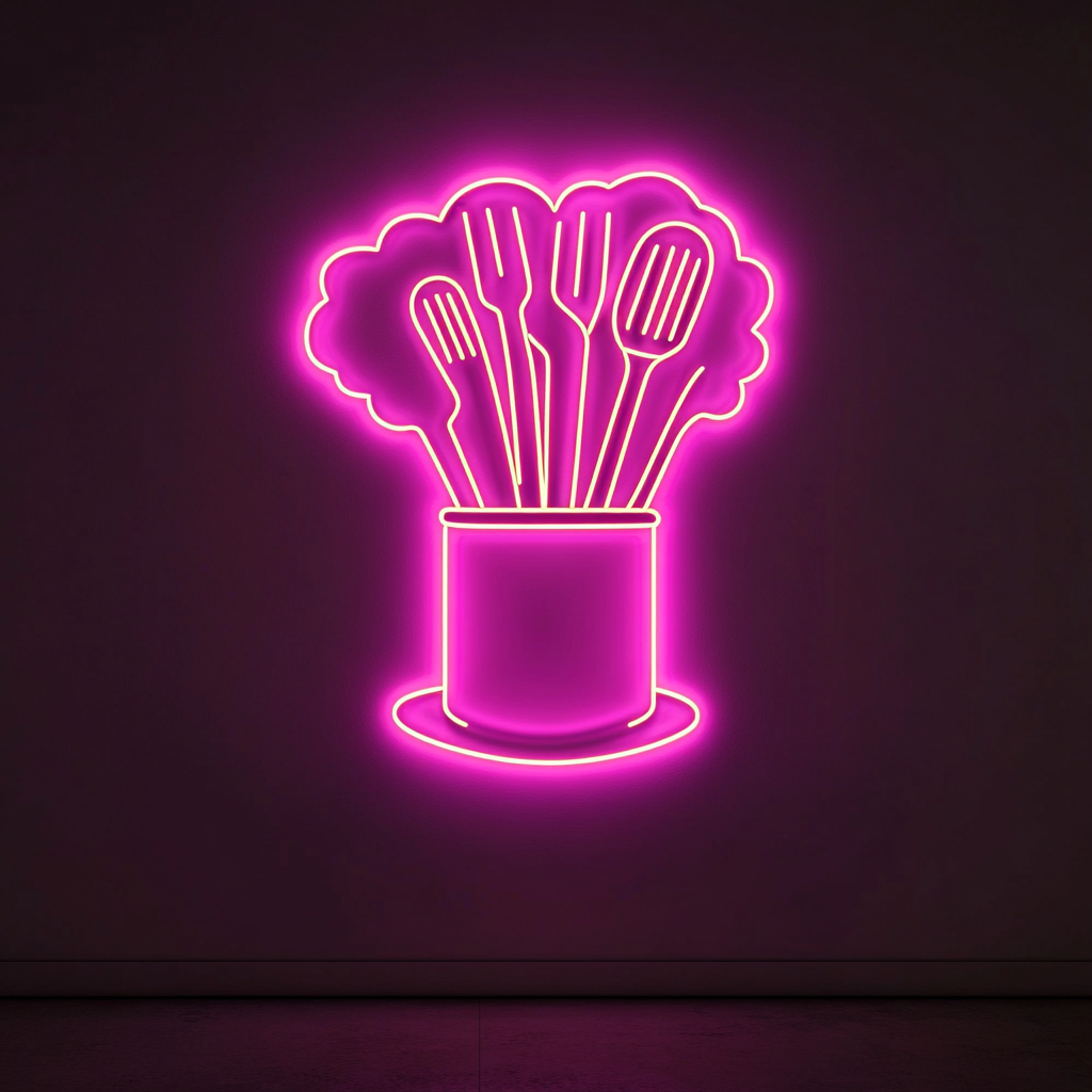 Chef's Hat with Utensils - Pink Neon Sign, 18 Inches