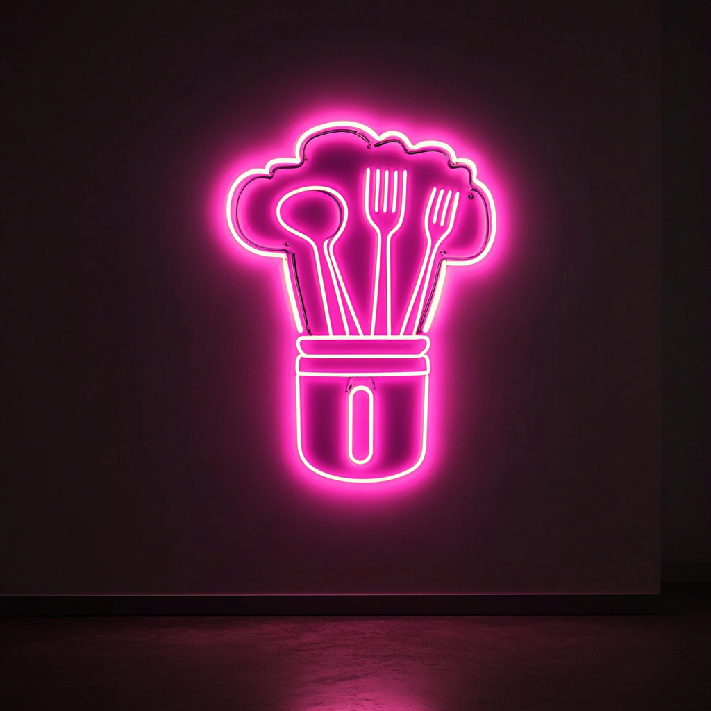 Chef's Hat with Utensils - Pink Neon Sign, 18 Inches