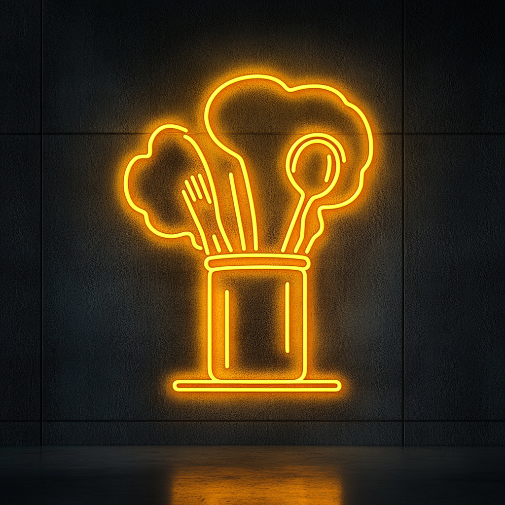 Chef's Hat with Utensils - Yellow Neon Sign, 18 Inches