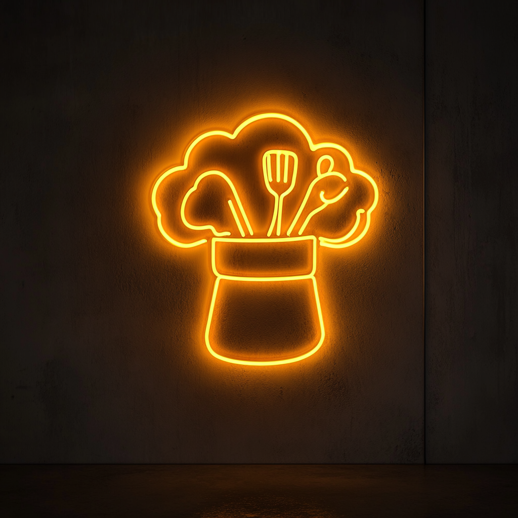 Chef's Hat with Utensils - Yellow Neon Sign, 18 Inches