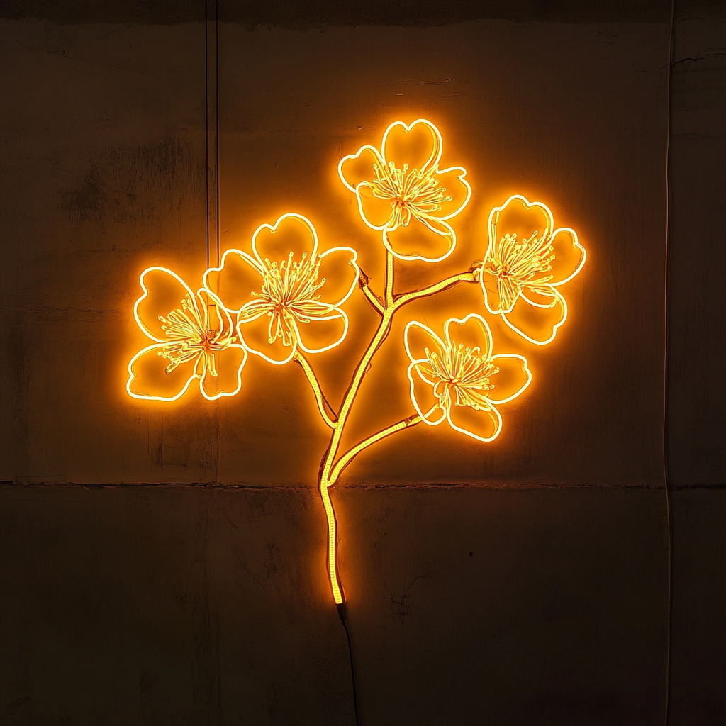 Cherry Blossom Branch - Yellow Neon Sign, 24 Inches