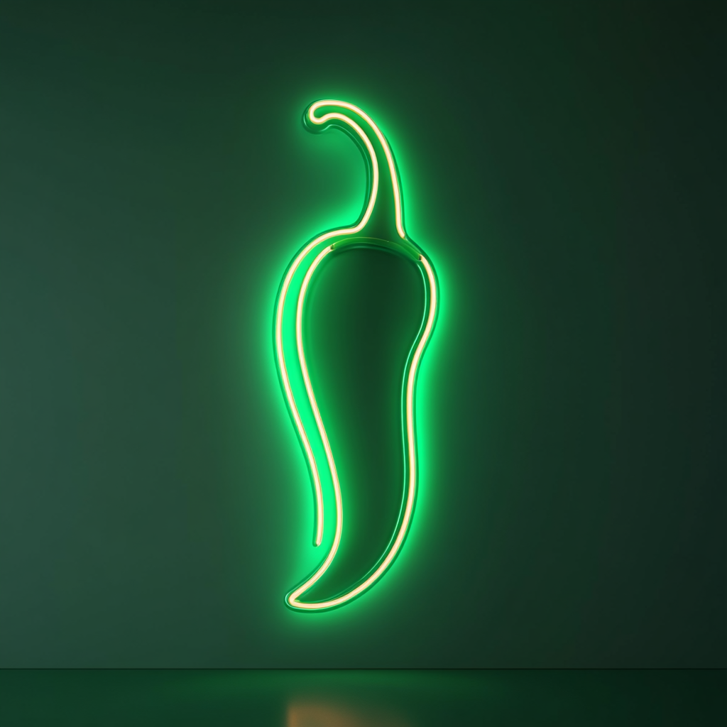 Chili Pepper with Flame - Green Neon Sign, 24 Inches