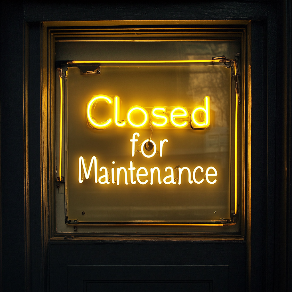 Closed for Maintenance - Yellow Neon Sign, 18 Inches