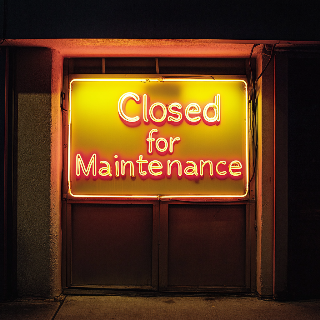 Closed for Maintenance - Yellow Neon Sign, 18 Inches