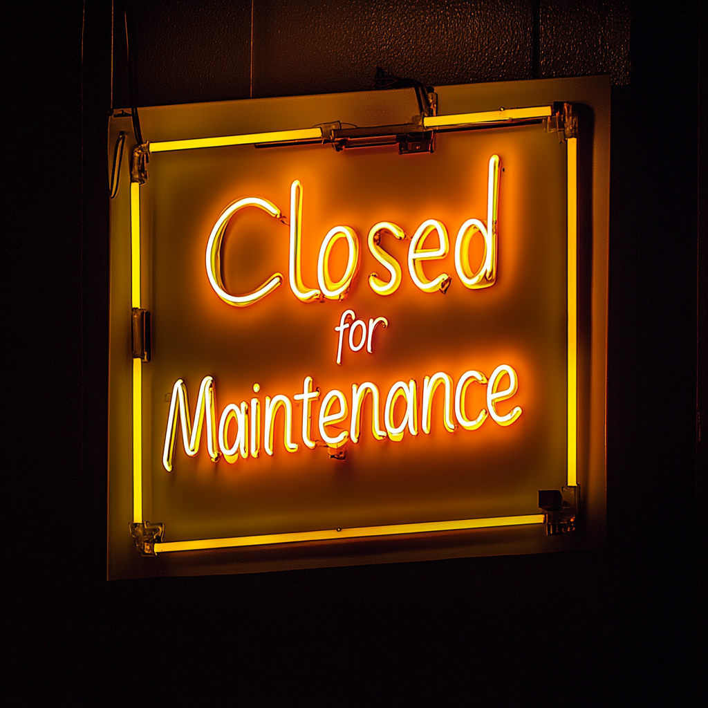 Closed for Maintenance - Yellow Neon Sign, 18 Inches