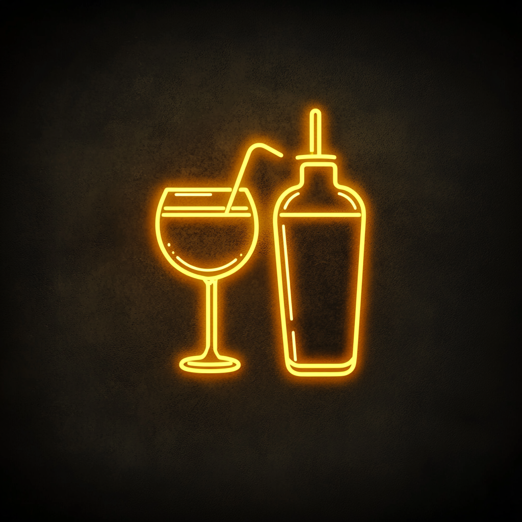 Cocktail Shaker and Glass - Yellow Neon Sign, 24 Inches