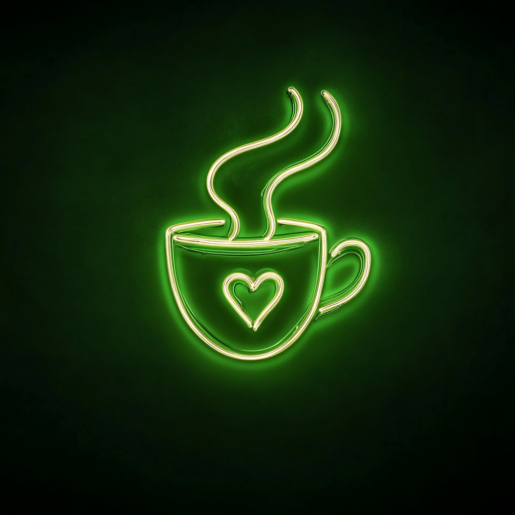 Coffee Cup with Heart Steam - Green Neon Sign, 24 Inches