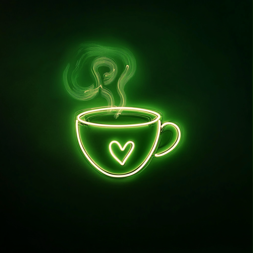 Coffee Cup with Heart Steam - Green Neon Sign, 18 Inches