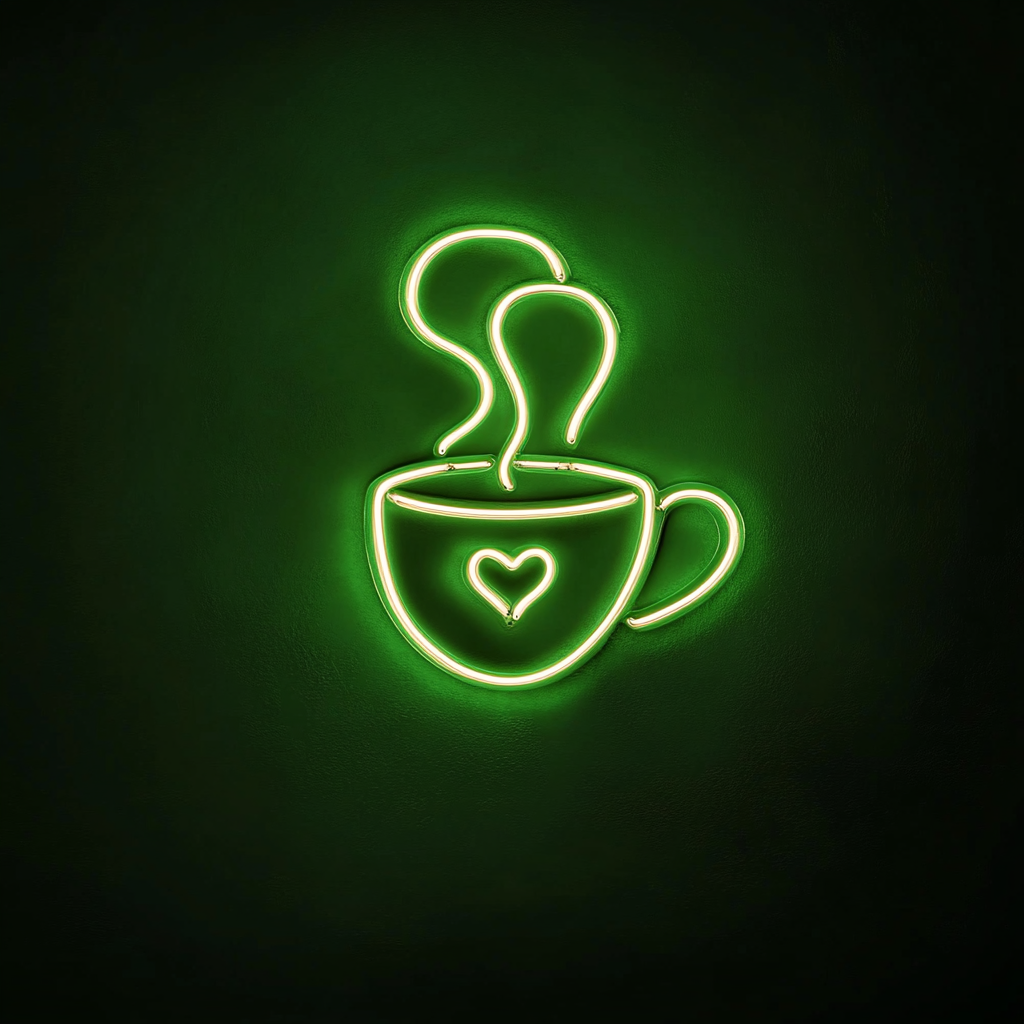 Coffee Cup with Heart Steam - Green Neon Sign, 18 Inches