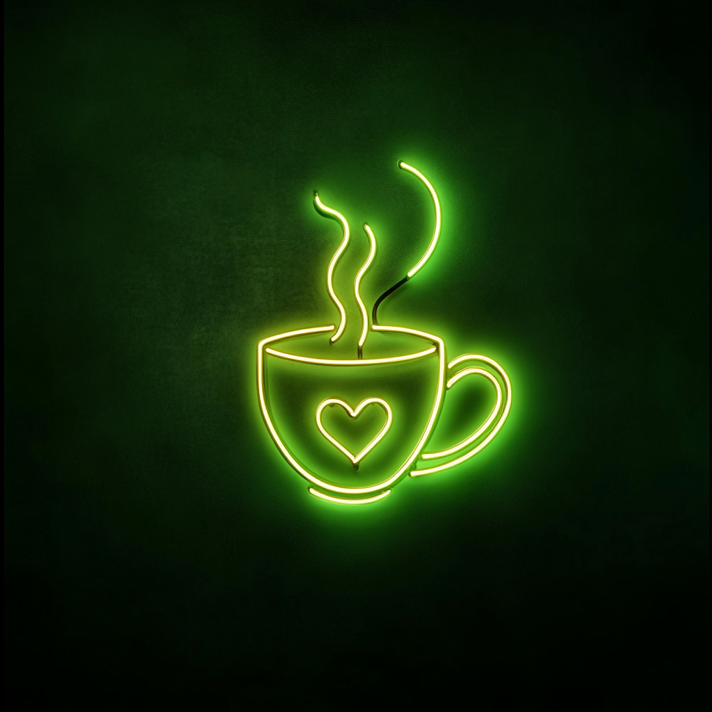 Coffee Cup with Heart Steam - Green Neon Sign, 18 Inches