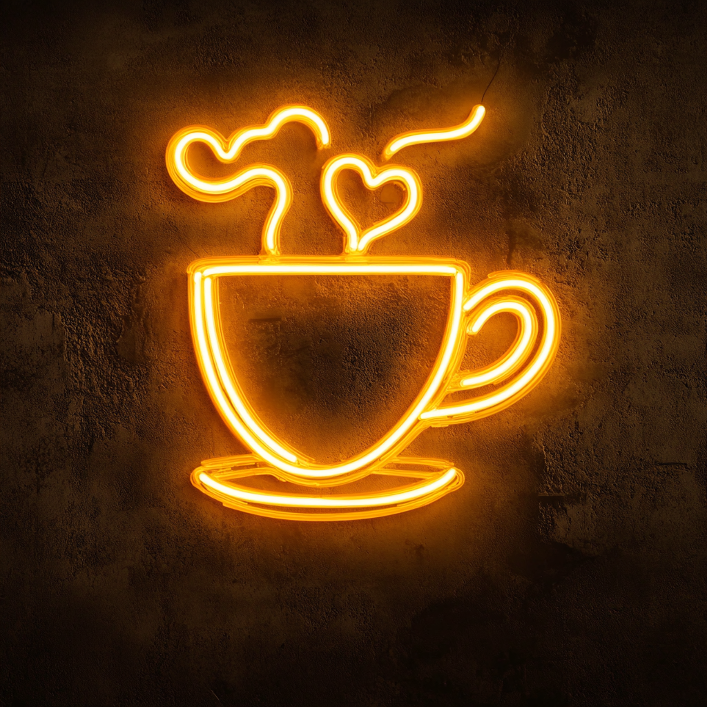 Coffee Cup with Heart Steam - Yellow Neon Sign, 18 Inches