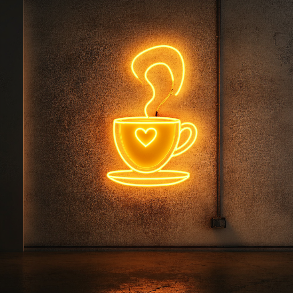 Coffee Cup with Heart Steam - Yellow Neon Sign, 24 Inches