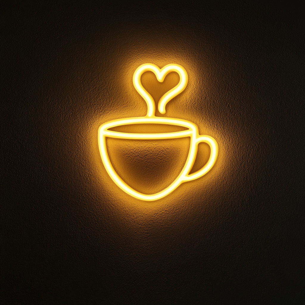 Coffee Cup with Heart Steam - Yellow Neon Sign, 24 Inches
