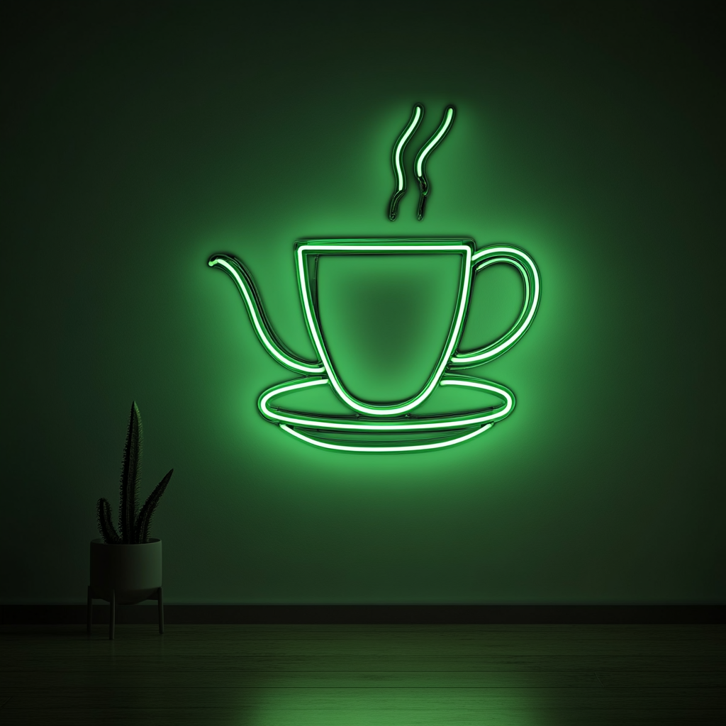 Coffee Pot with Cup - Green Neon Sign, 18 Inches