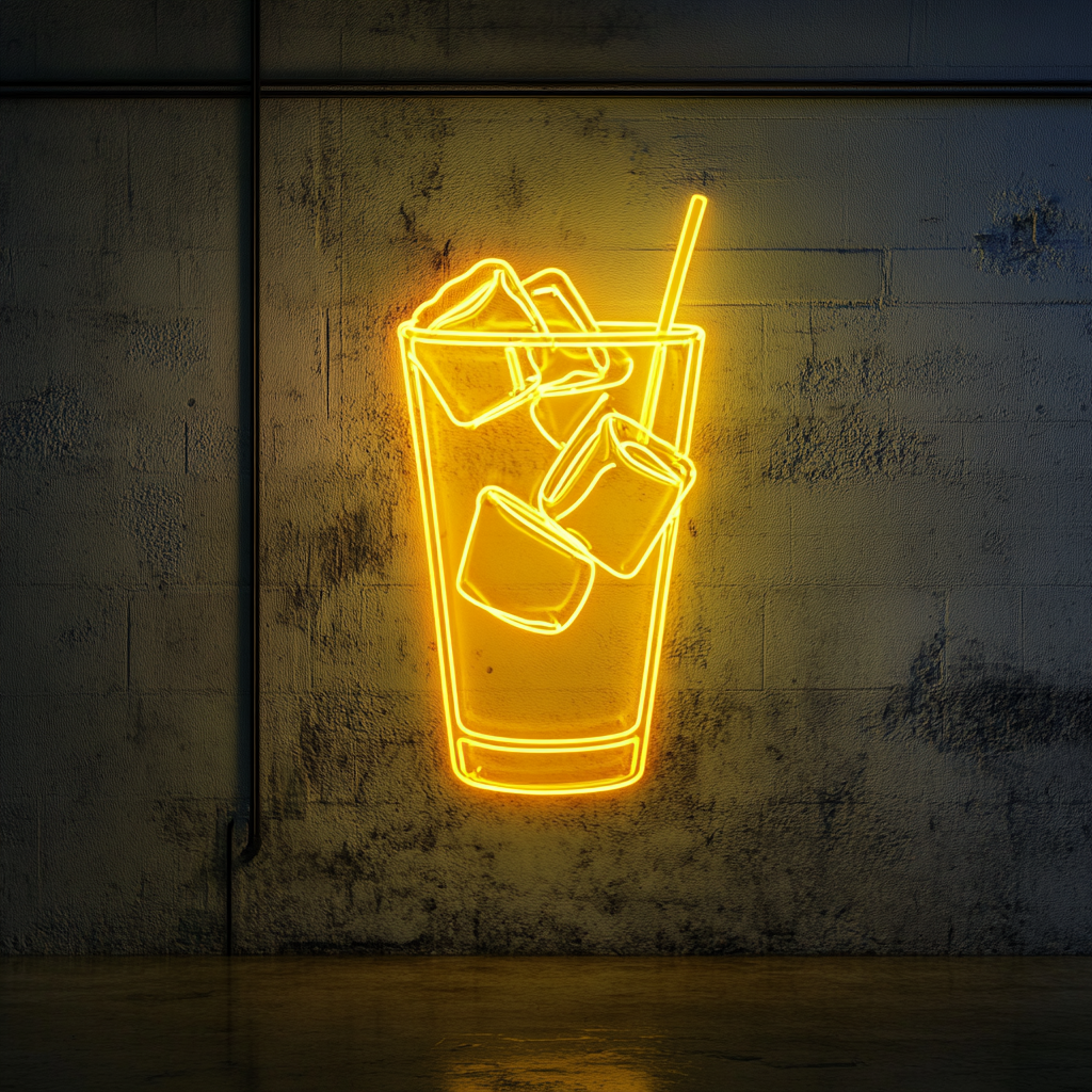Cold Drink with Ice Cubes - Yellow Neon Sign, 18 Inches