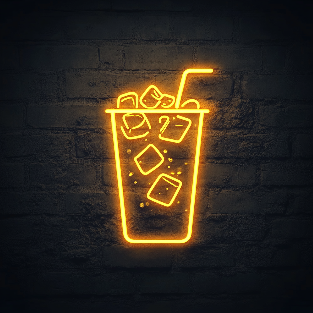 Cold Drink with Ice Cubes - Yellow Neon Sign, 18 Inches