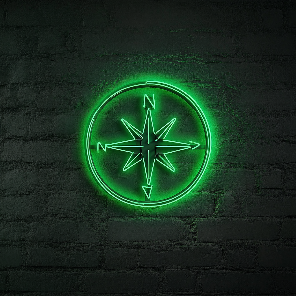 Compass with North Arrow - Green Neon Sign, 18 Inches