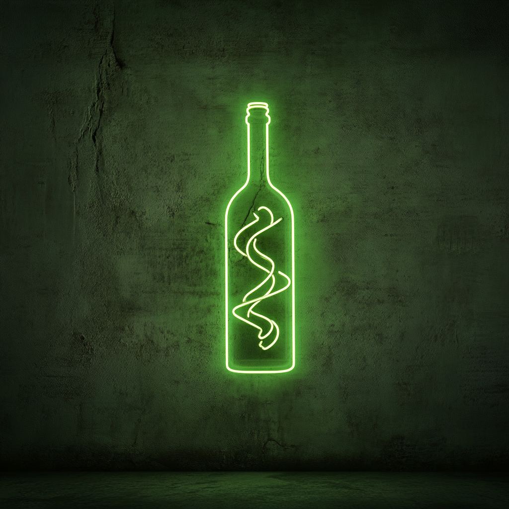 Corkscrew Twisting into Wine Bottle - Green Neon Sign, 18 Inches
