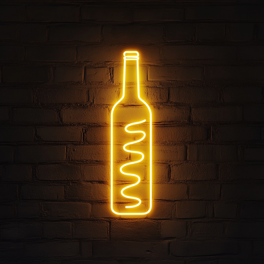 Corkscrew Twisting into Wine Bottle - Yellow Neon Sign, 18 Inches