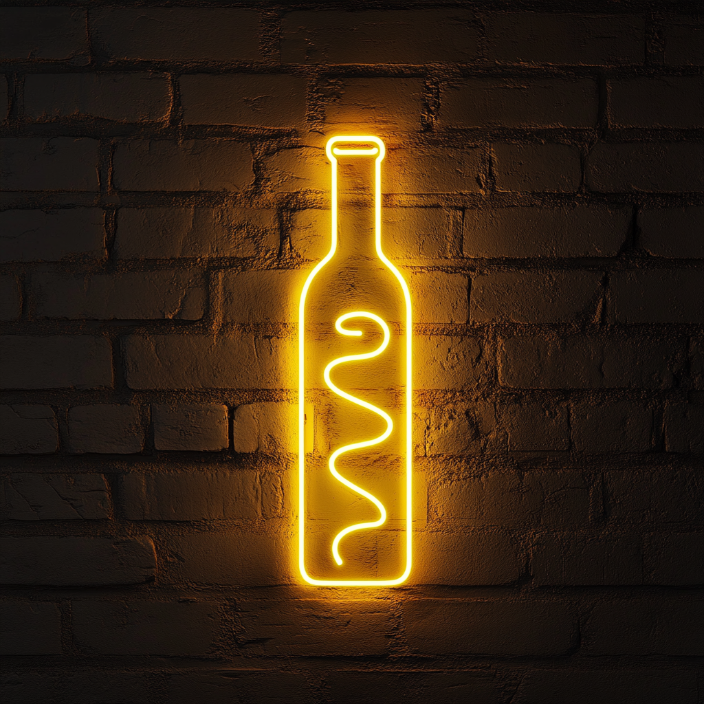 Corkscrew Twisting into Wine Bottle - Yellow Neon Sign, 18 Inches