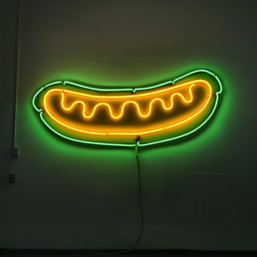 Corn Dog with Mustard - Green Neon Sign, 18 Inches