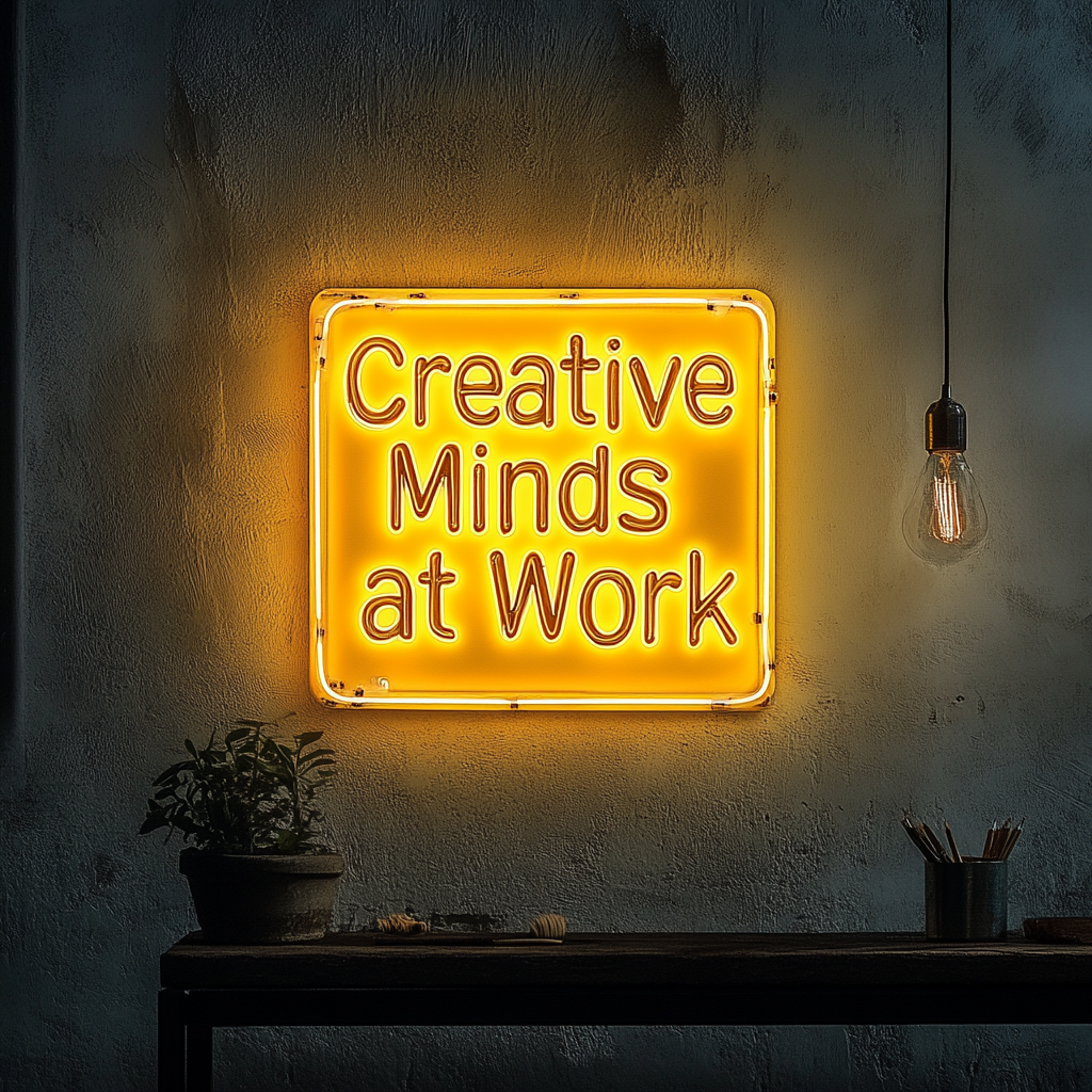 "Creative Minds at Work" - Yellow Neon Sign, 24 Inches