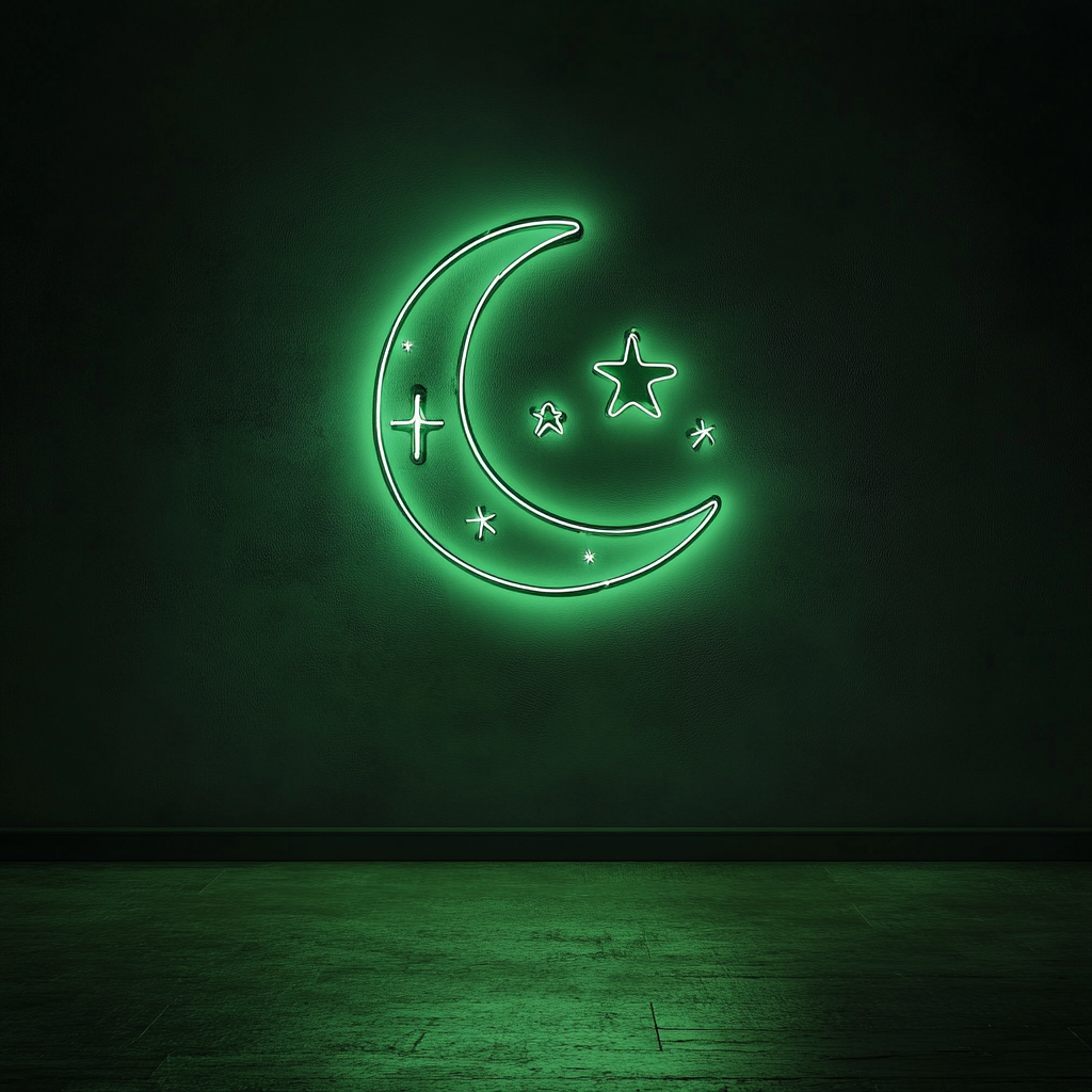 Crescent Moon with Stars - Green Neon Sign, 18 Inches