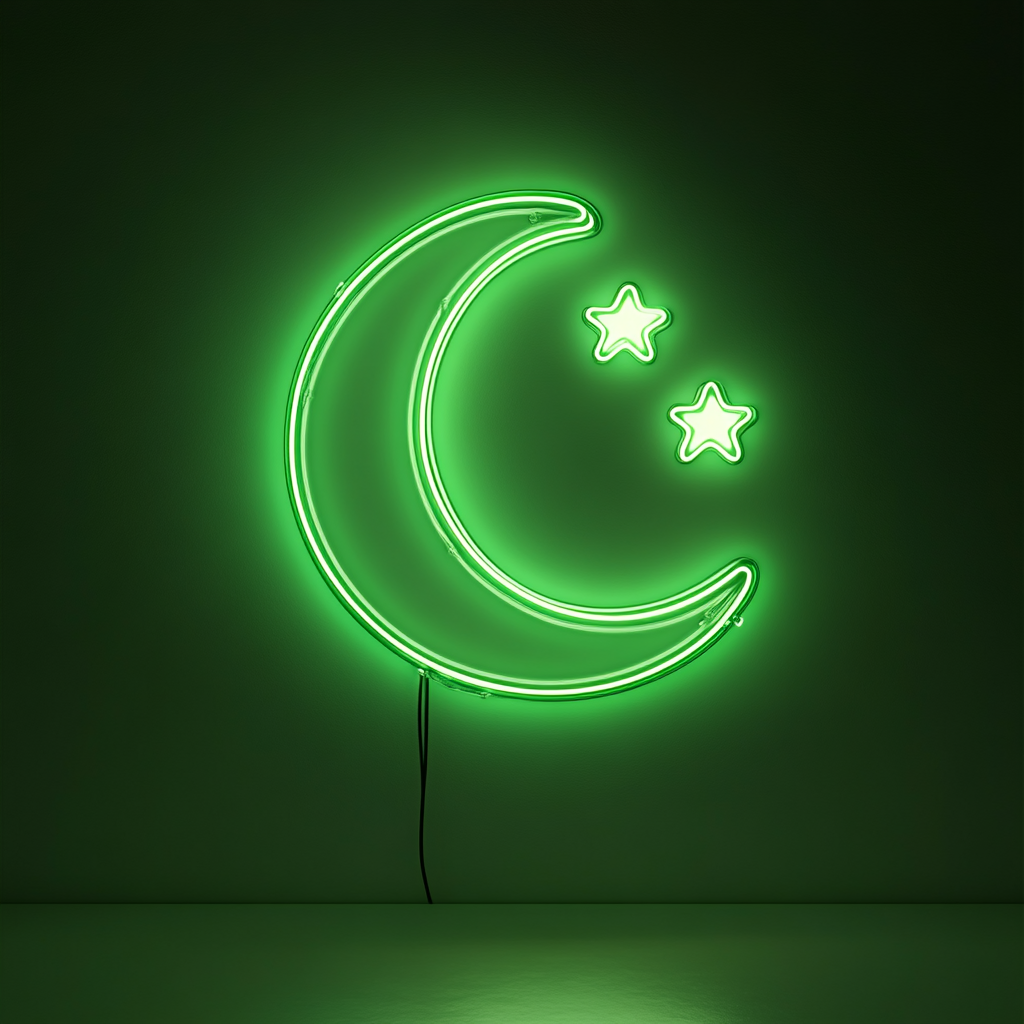 Crescent Moon with Stars - Green Neon Sign, 18 Inches
