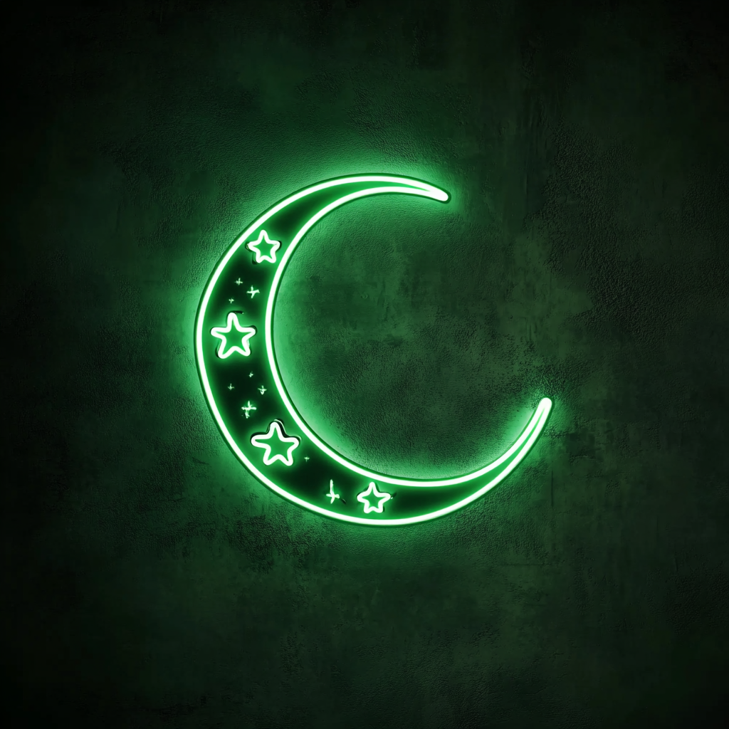 Crescent Moon with Stars - Green Neon Sign, 18 Inches