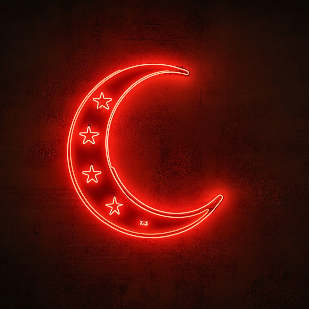 Crescent Moon with Stars - Red Neon Sign, 18 Inches