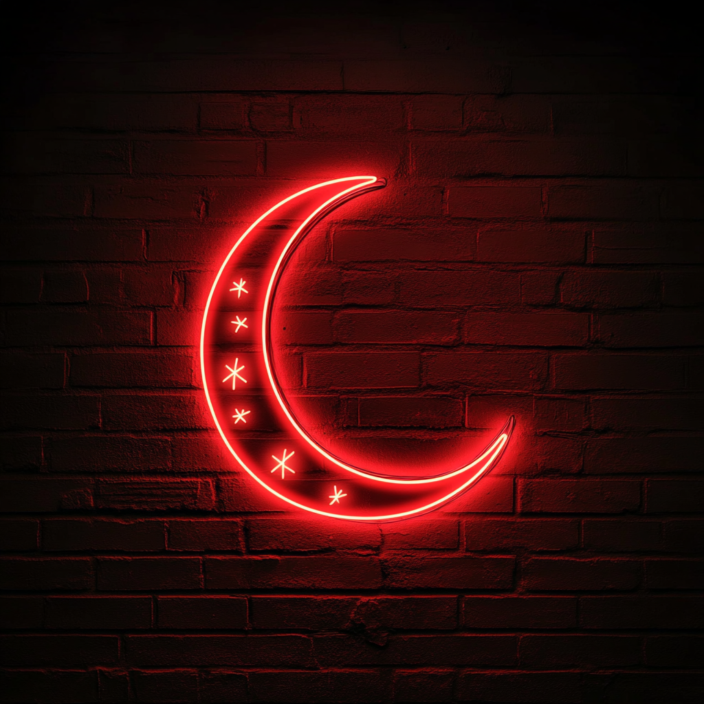 Crescent Moon with Stars - Red Neon Sign, 18 Inches