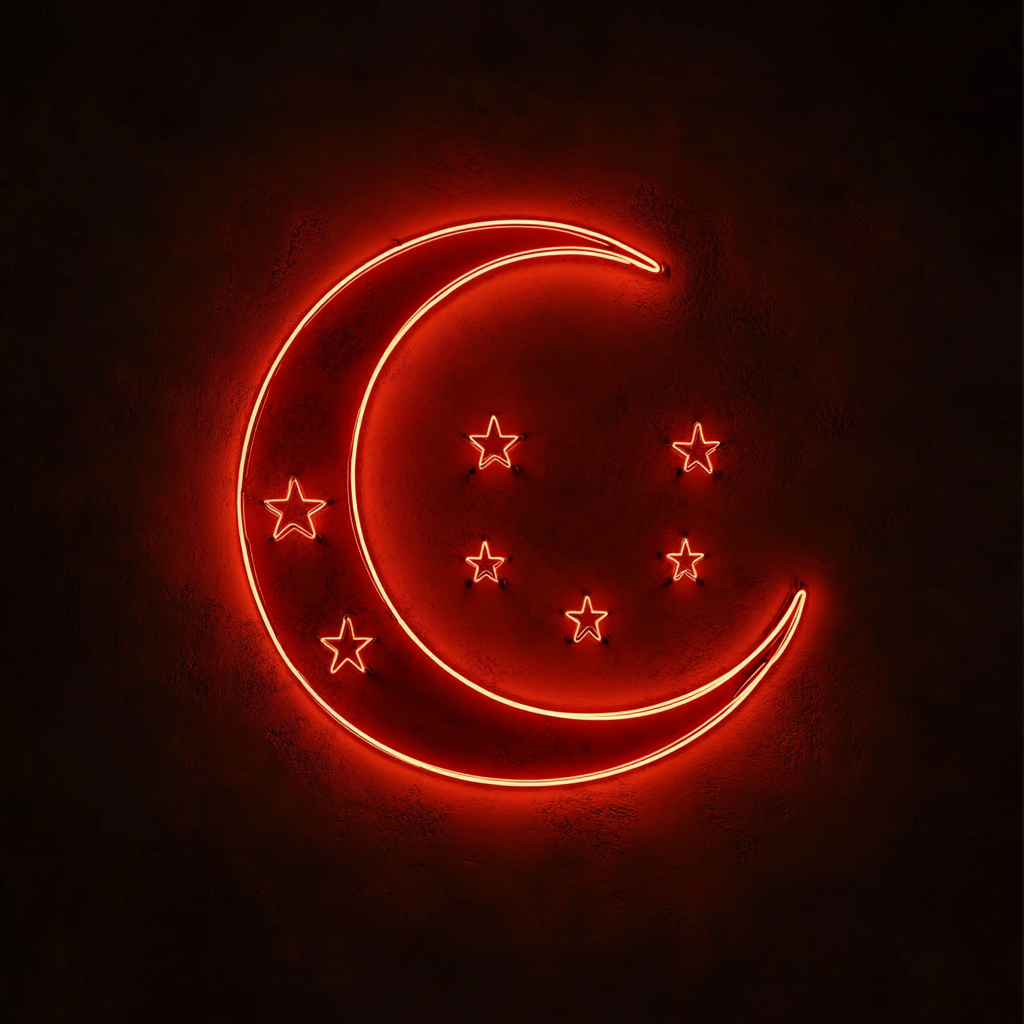 Crescent Moon with Stars - Red Neon Sign, 18 Inches