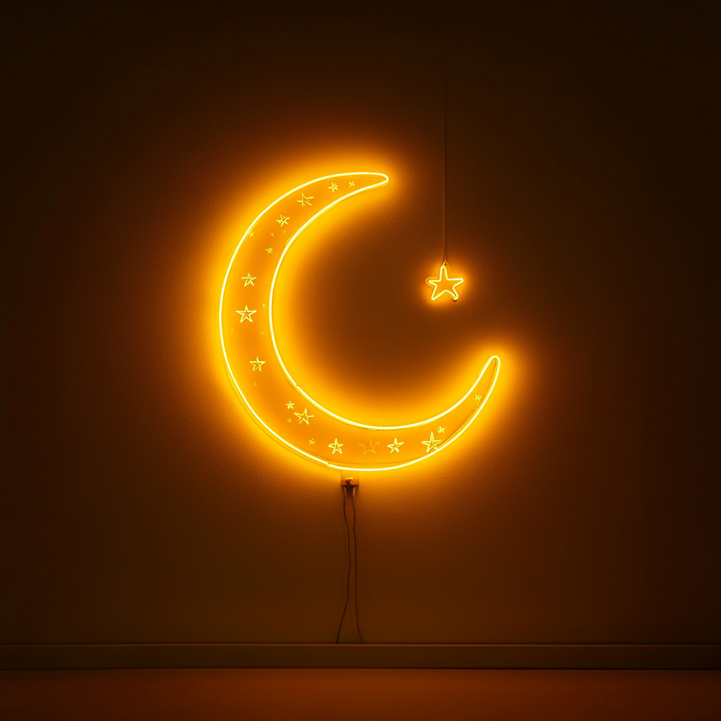 Crescent Moon with Stars - Yellow Neon Sign, 18 Inches