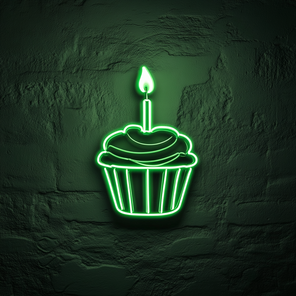 Cupcake with Birthday Candle - Green Neon Sign, 24 Inches