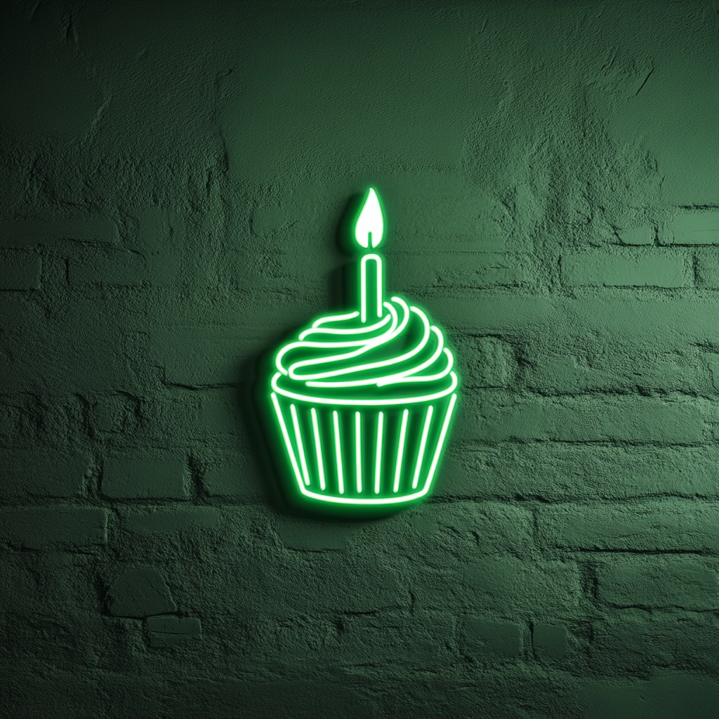 Cupcake with Birthday Candle - Green Neon Sign, 24 Inches