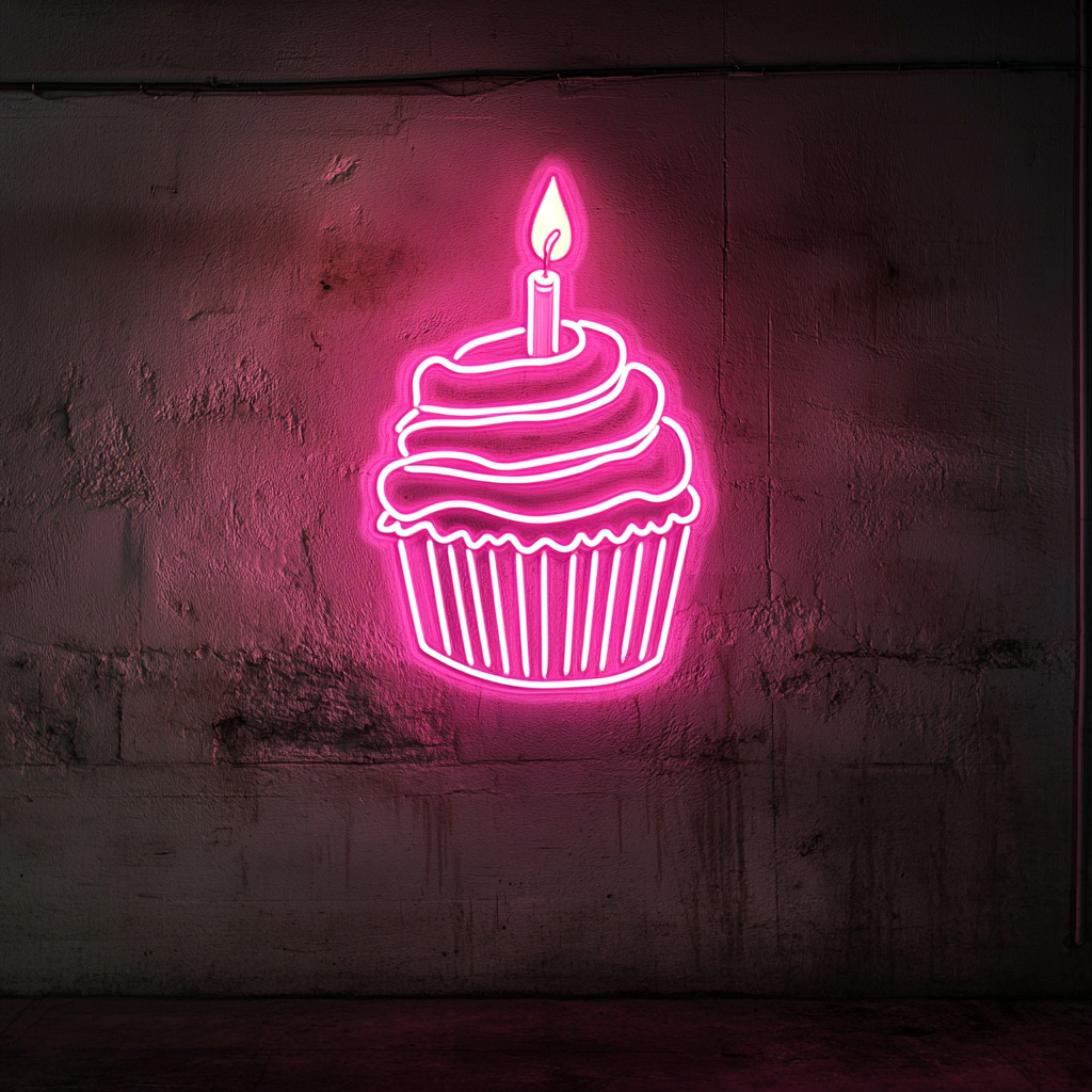 Cupcake with Birthday Candle - Pink Neon Sign, 24 Inches