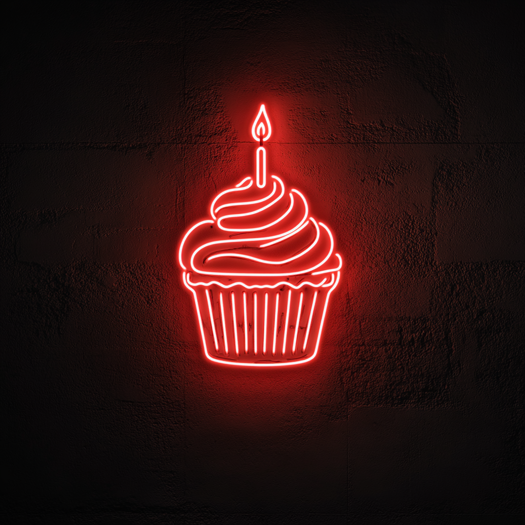 Cupcake with Birthday Candle - Red Neon Sign, 24 Inches