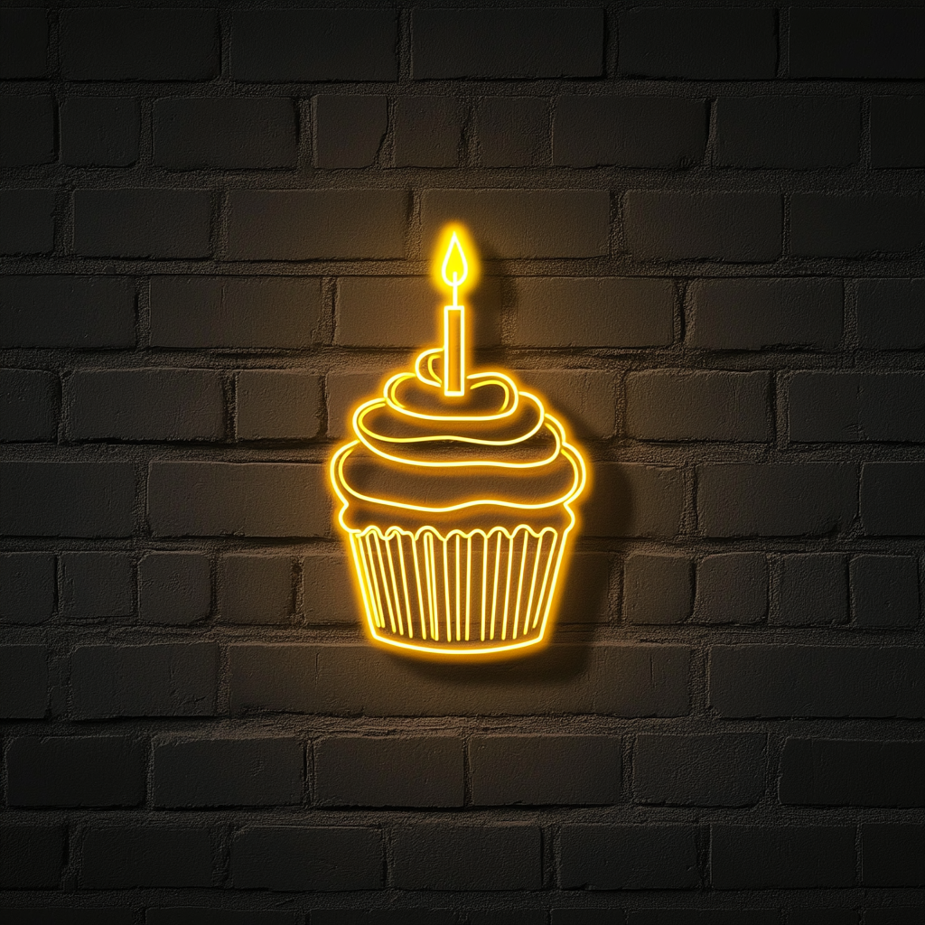 Cupcake with Birthday Candle - Yellow Neon Sign, 24 Inches