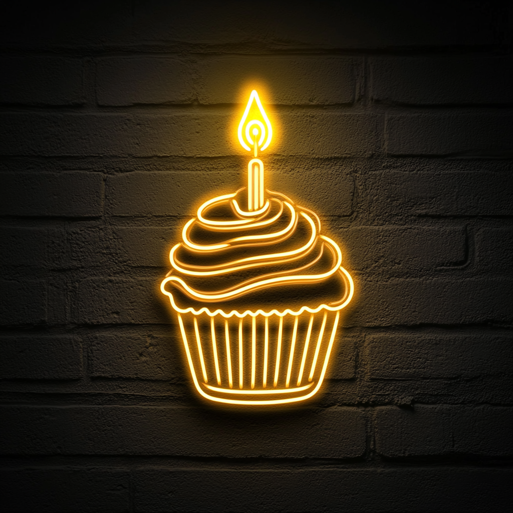 Cupcake with Birthday Candle - Yellow Neon Sign, 24 Inches