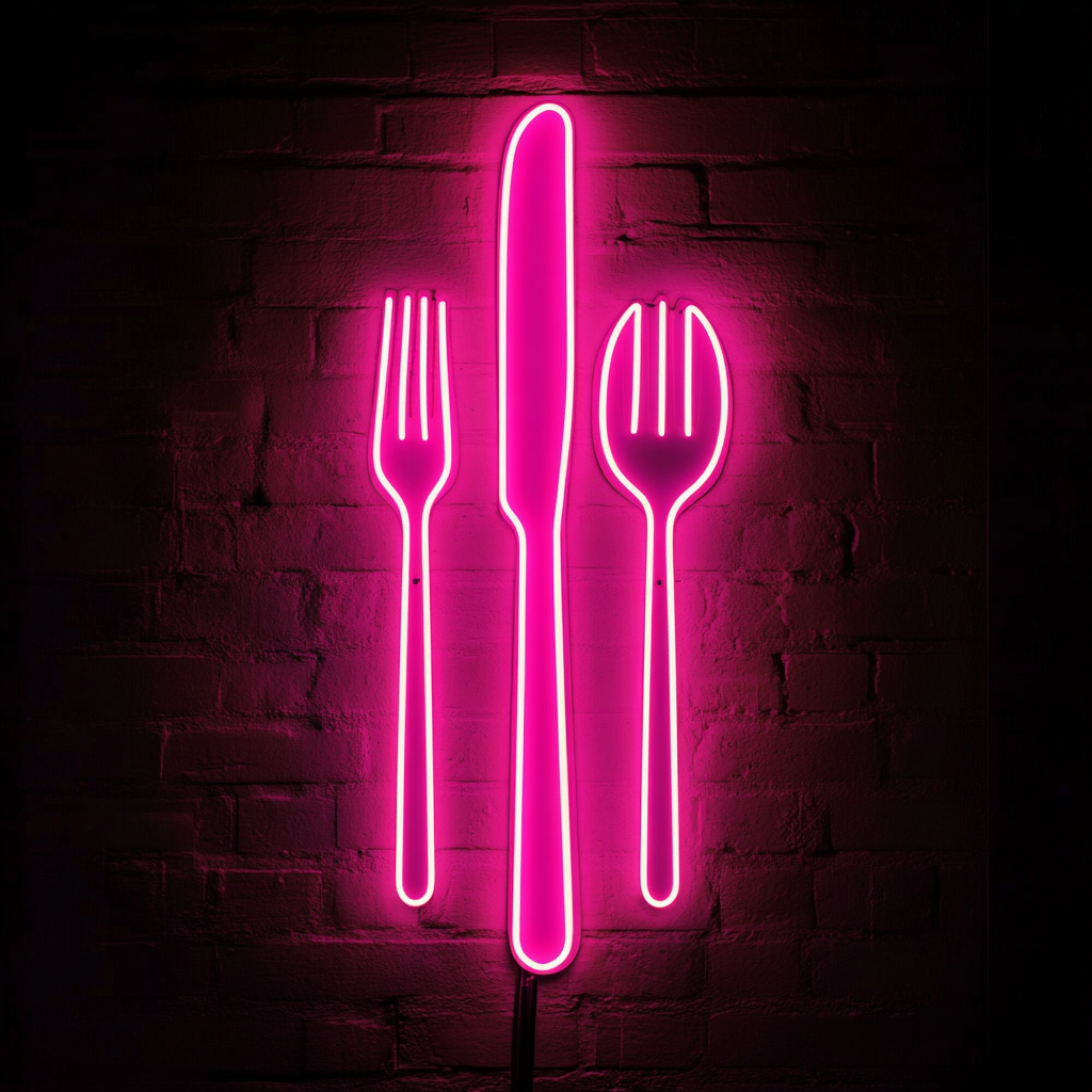 Cutlery (Fork, Knife, Spoon Set) - Pink Neon Sign, 24 Inches