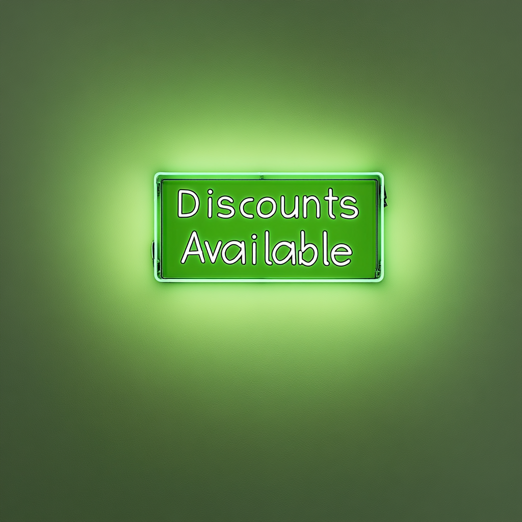 "Discounts Available" - Green Neon Sign, 24 Inches