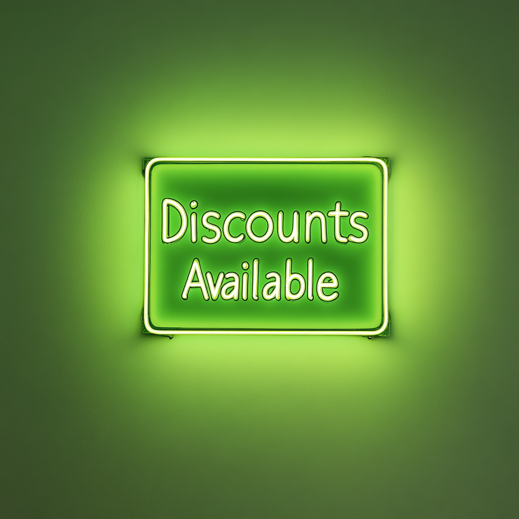 "Discounts Available" - Green Neon Sign, 24 Inches