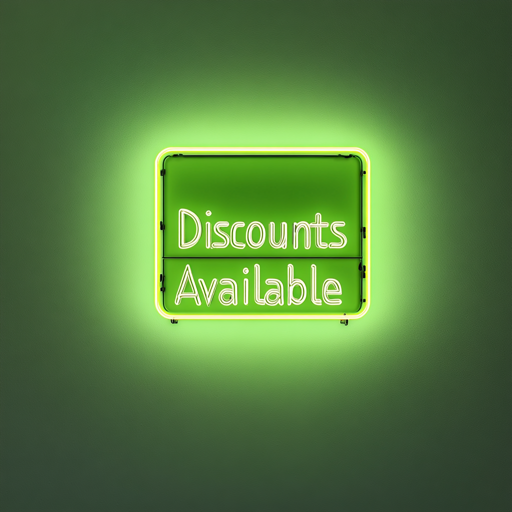 "Discounts Available" - Green Neon Sign, 24 Inches
